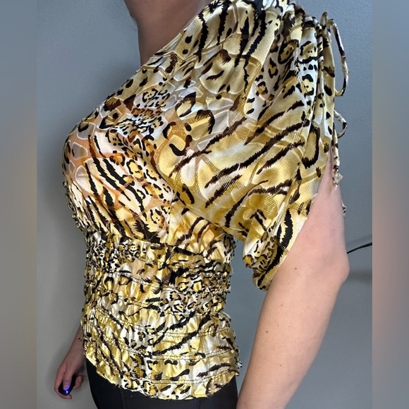 Vintage 1980s Cachè Gold Cheetah Print Silk Dolman Blouse Cinched Waist Women S - Picture 7 of 11